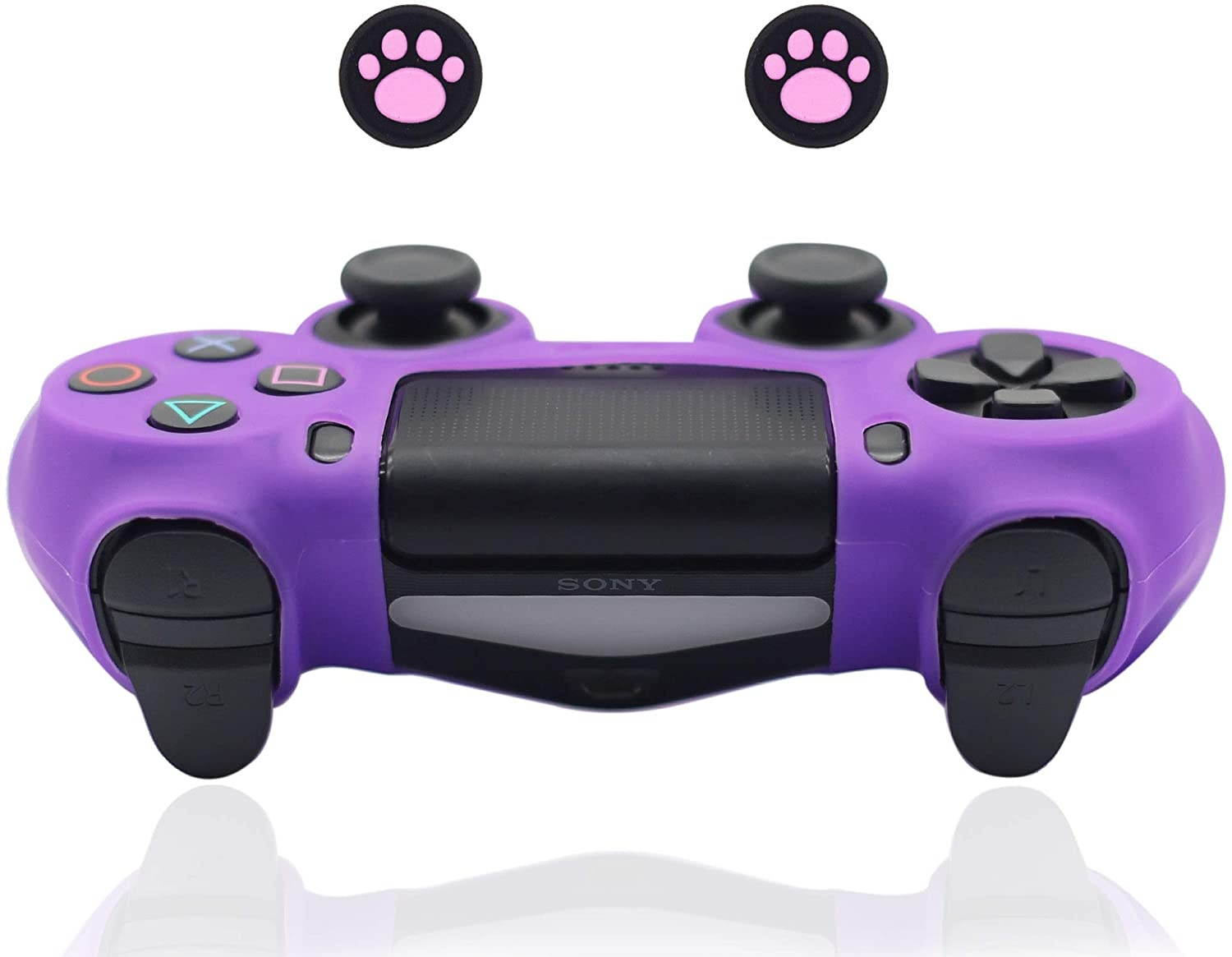 PS4 Controller Skin, BRHE Anti-Slip Grip Silicone Cover Protector Case Compatible with PS4 Slim/PS4 Pro Wireless/Wired Gamepad Controller with 2 Cat Paw Thumb Grip Caps (Purple)