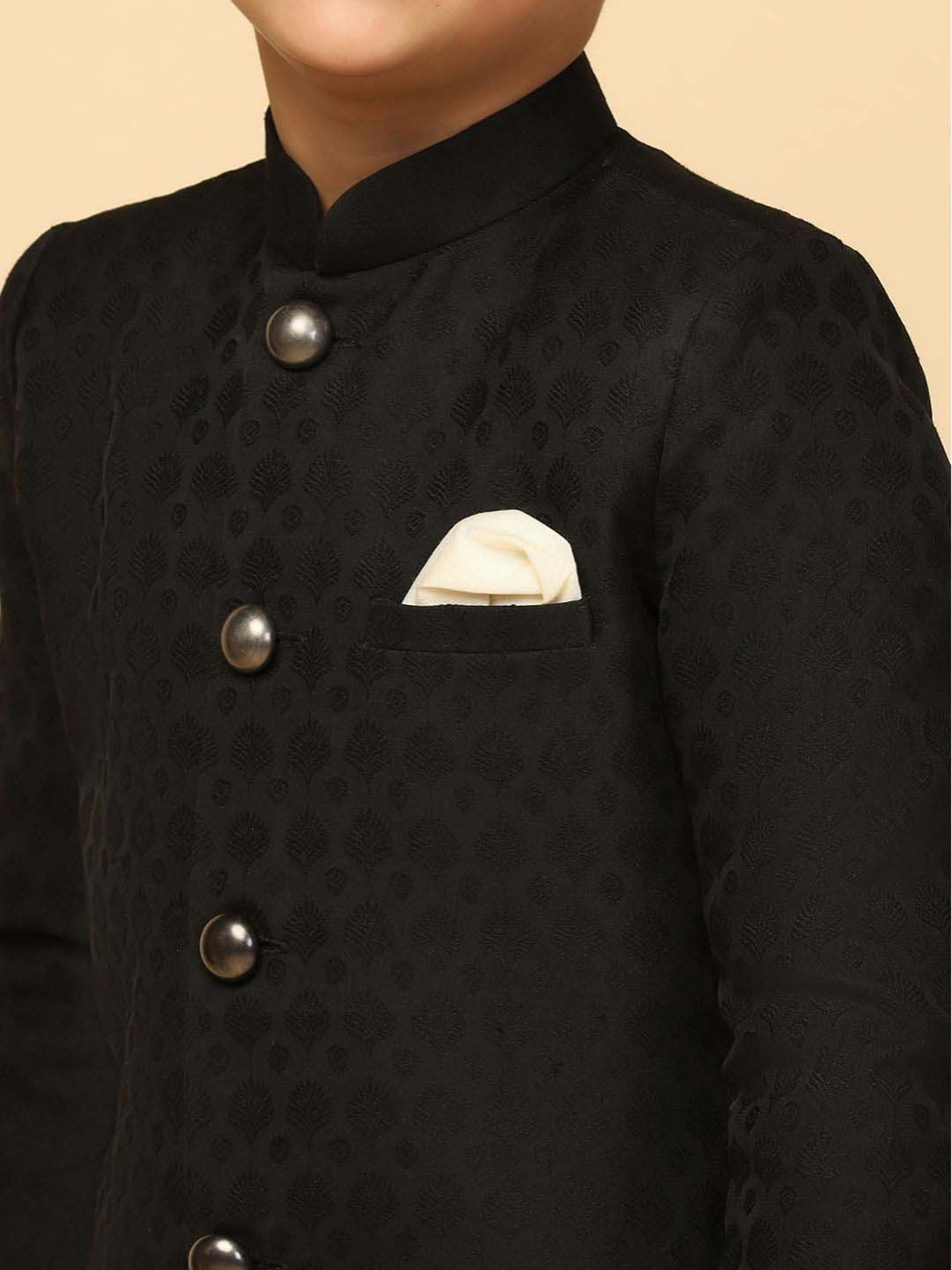 KISAH Boys Black Jacquard Full Sleeves Indowestern Sets