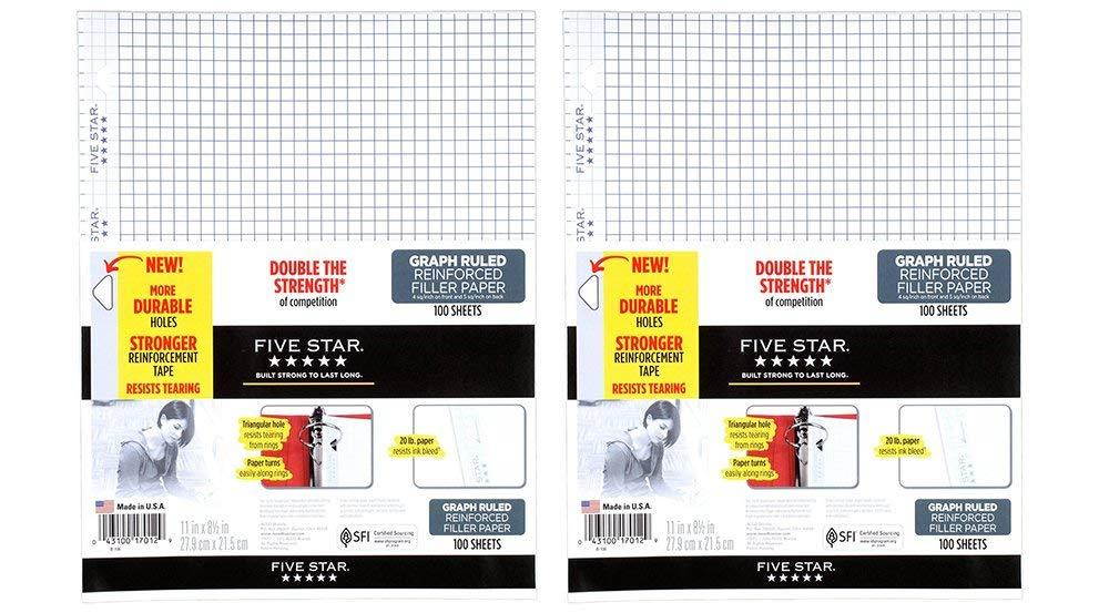 Five Star Filler Paper, Graph aZcbu Ruled, Reinforced, Loose-Leaf, 11 x 8 1/2" Sheet Size, 100 Sheets (2 Pack)