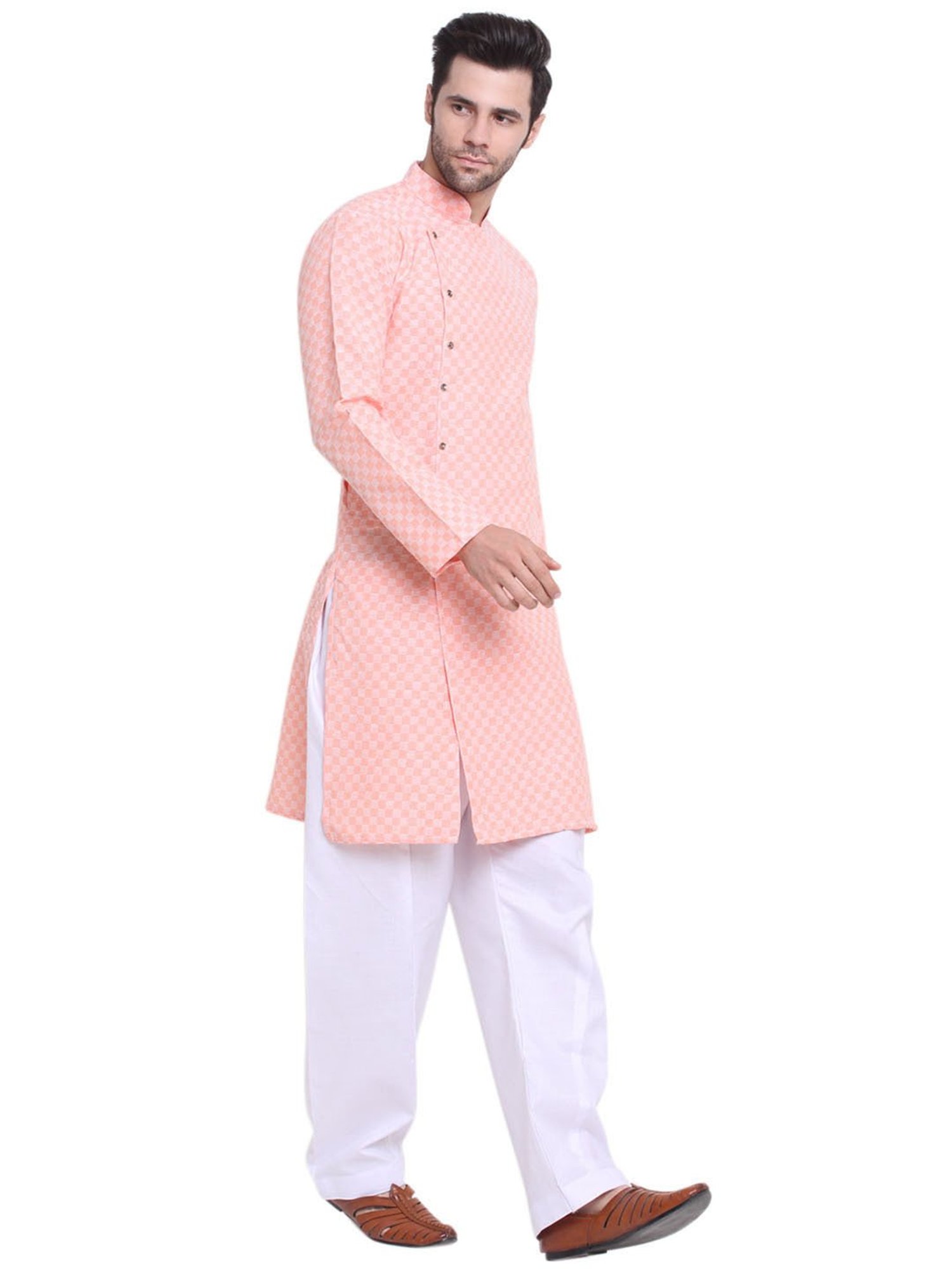 Benstoke Peach & White Regular Fit Geometric Print Angrakha Kurta & Pyjamas Set
