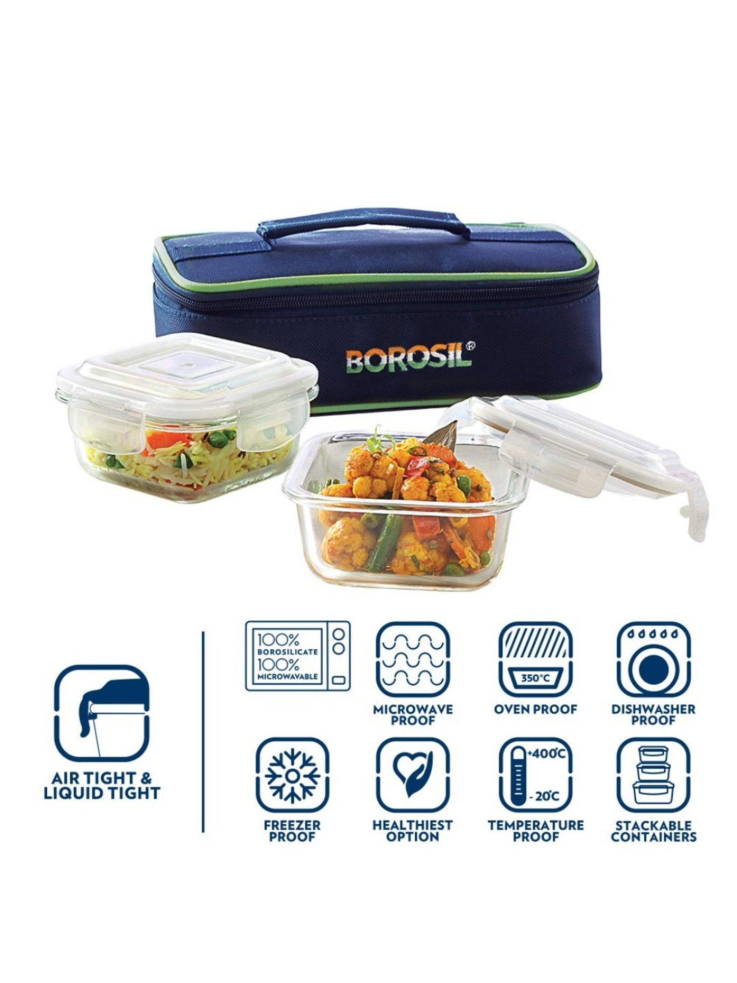Borosil Blue Glass Leak Proof Lunch Box with Bag (320 ml)