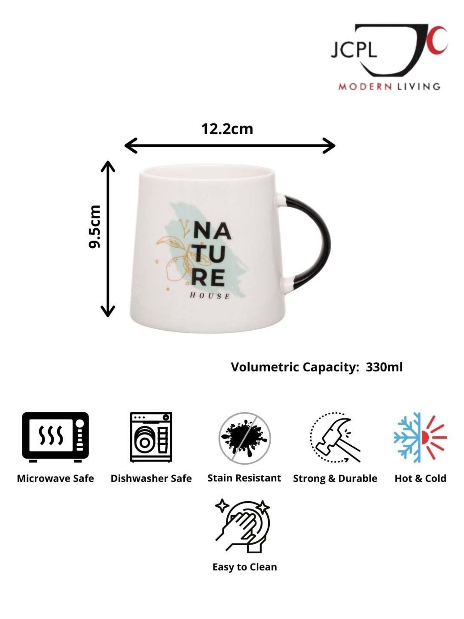 JCPL White & Black Ceramic 10 cm Milk Mug (0.33 L) - Set of 2