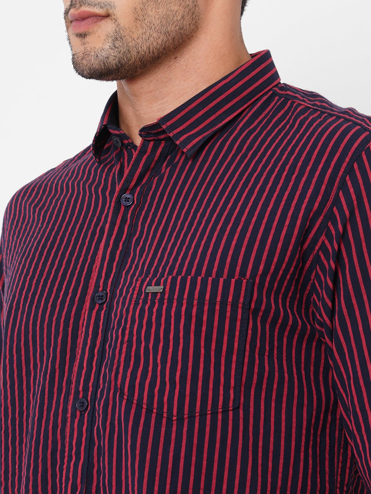 SOLEMIO Blue & Red Slim Fit Striped Shirt
