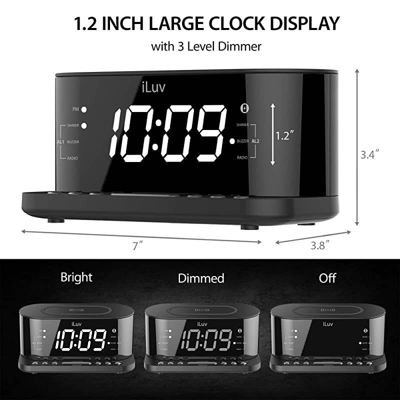 Time Shaker 5Q Wow Qi-Certified Wireless Charging Alarm Clock with Vibration Shaker, Jumbo LCD White Display, Dual Alarm, FM Radio, Sleep Timer, 3-Level Dimmer, USB Charging Port, Battery Backup