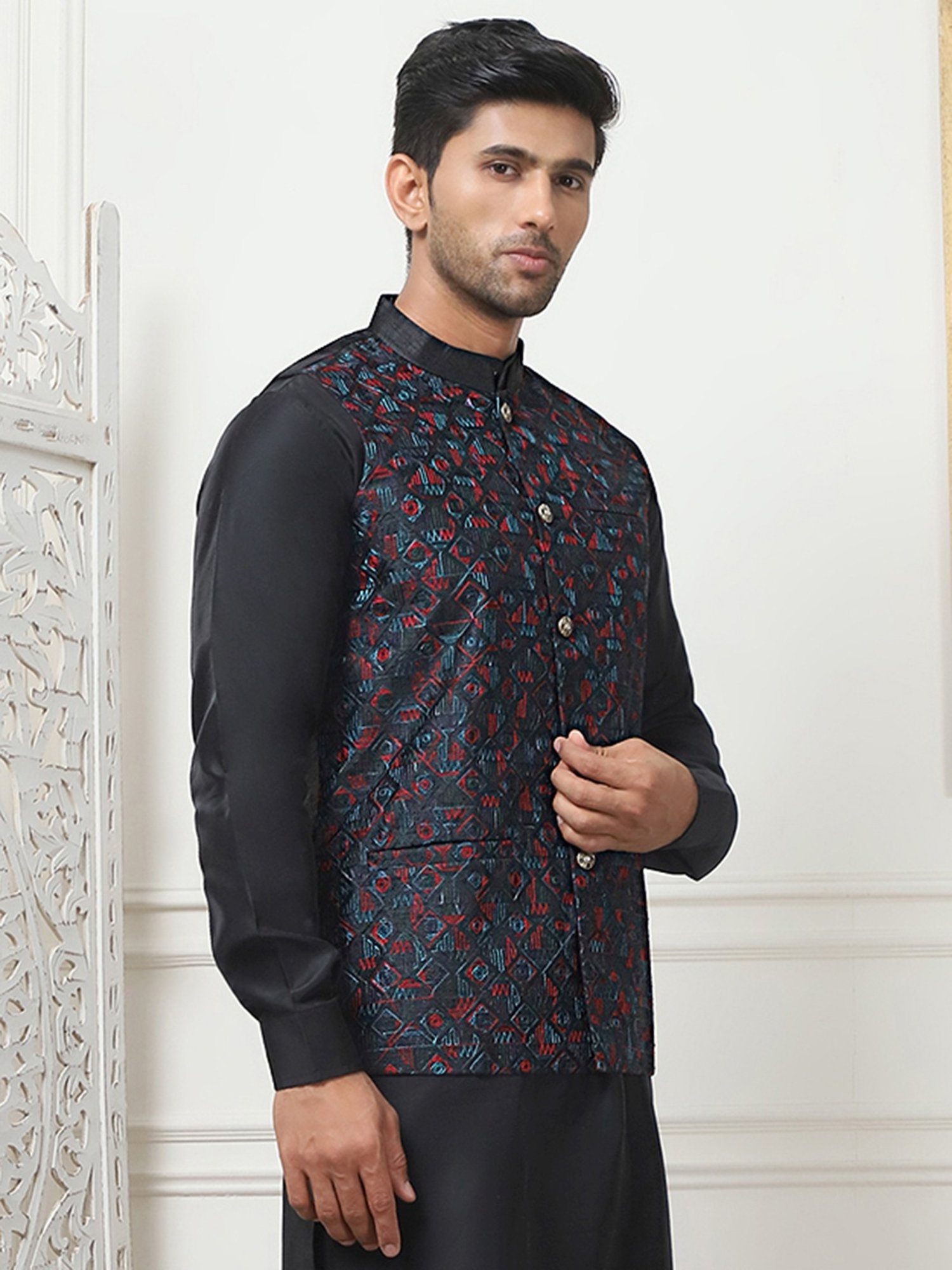 Jompers Navy Regular Fit Embroidered Nehru Jacket