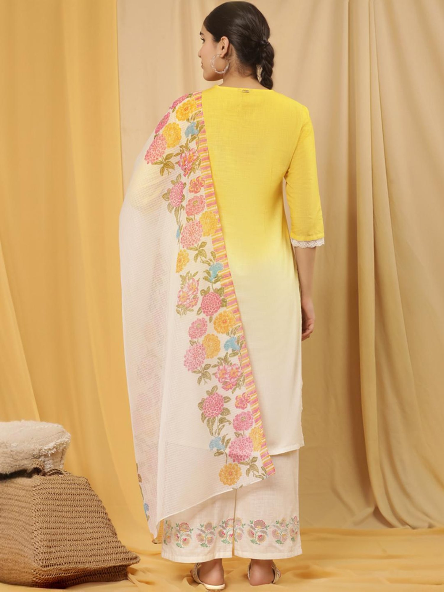 W Yellow & White Cotton Embroidered Kurta Palazzo Set With Dupatta