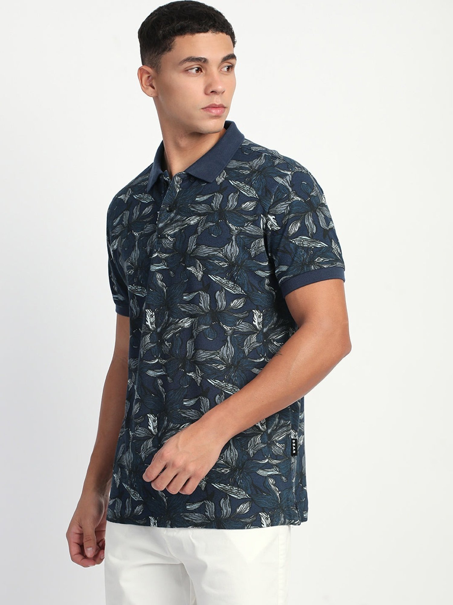 The Bear House Blue Cotton Regular Fit Printed Polo T-Shirt