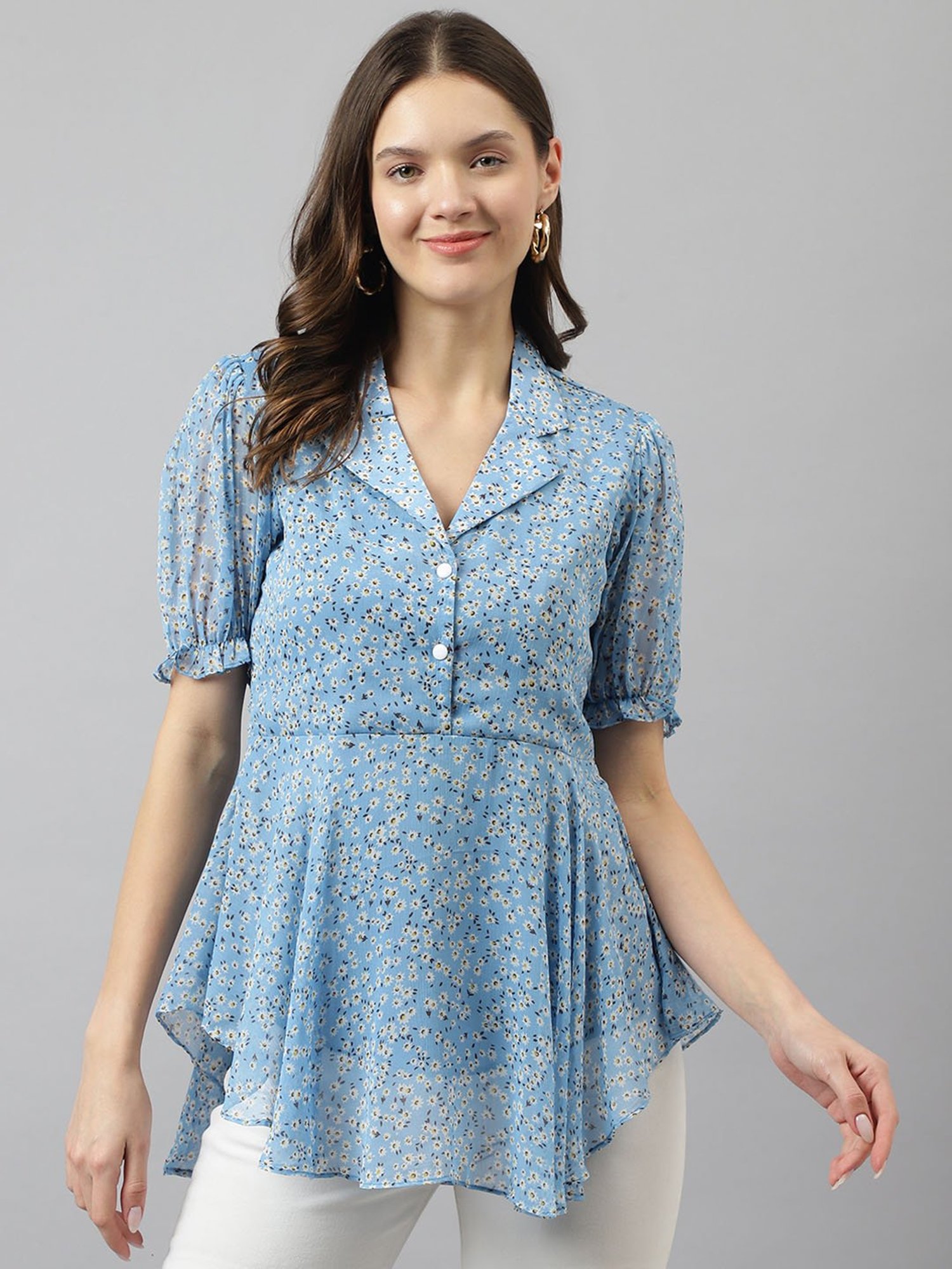 KERI PERRY Light Blue Floral Print Top