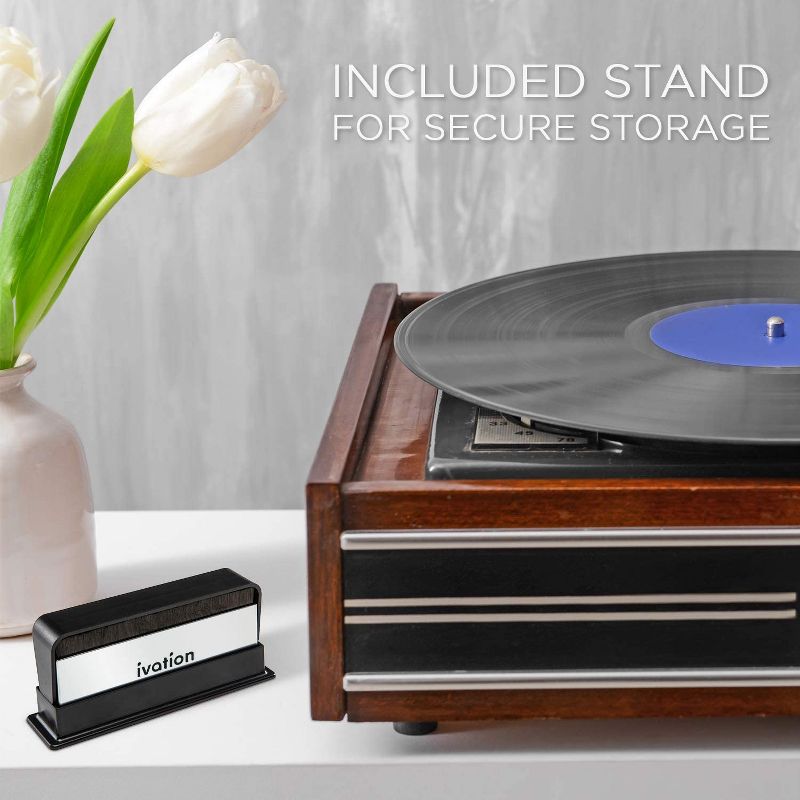 Ivation 2-in-1 Vinyl Record Cleaning Brush with Carbon Fiber and Velvet Brushes Includes Swivel Cover & Stand for Secure Storage