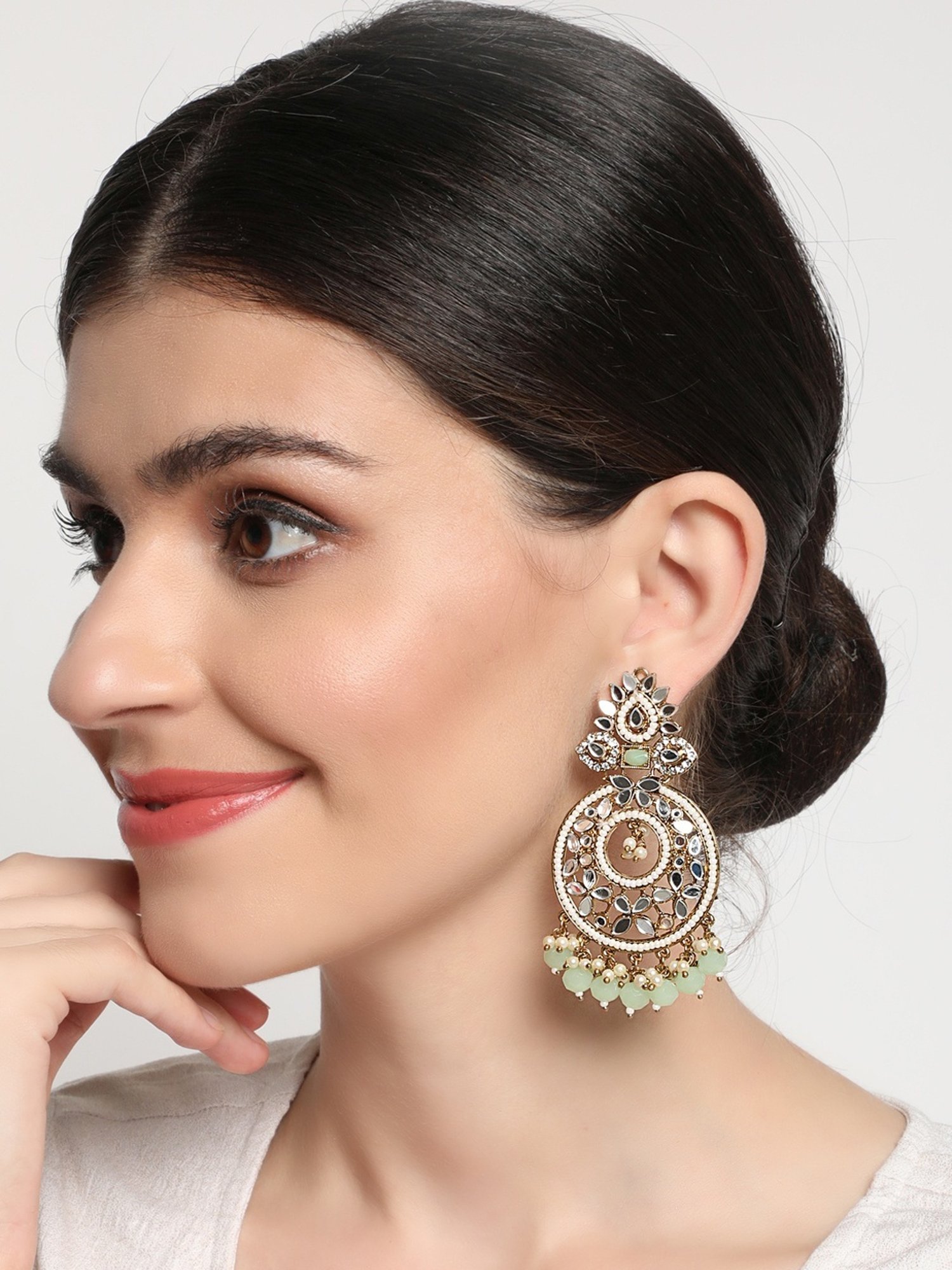 Aatmana Mint Green Gold-Plated stone Studded & Beadded Crescent Shaped Dangler Earrings