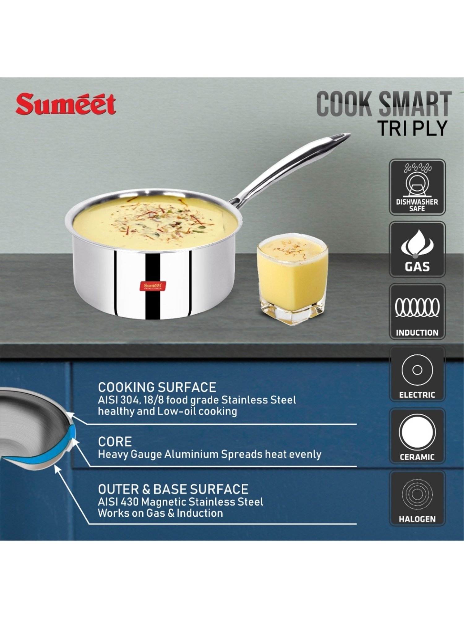 Sumeet Cook Smart TriPly SAS (Steel-Aluminium-Steel - 3 Layers) Sauce Pan  - 2.3 Ltr - 20Cm