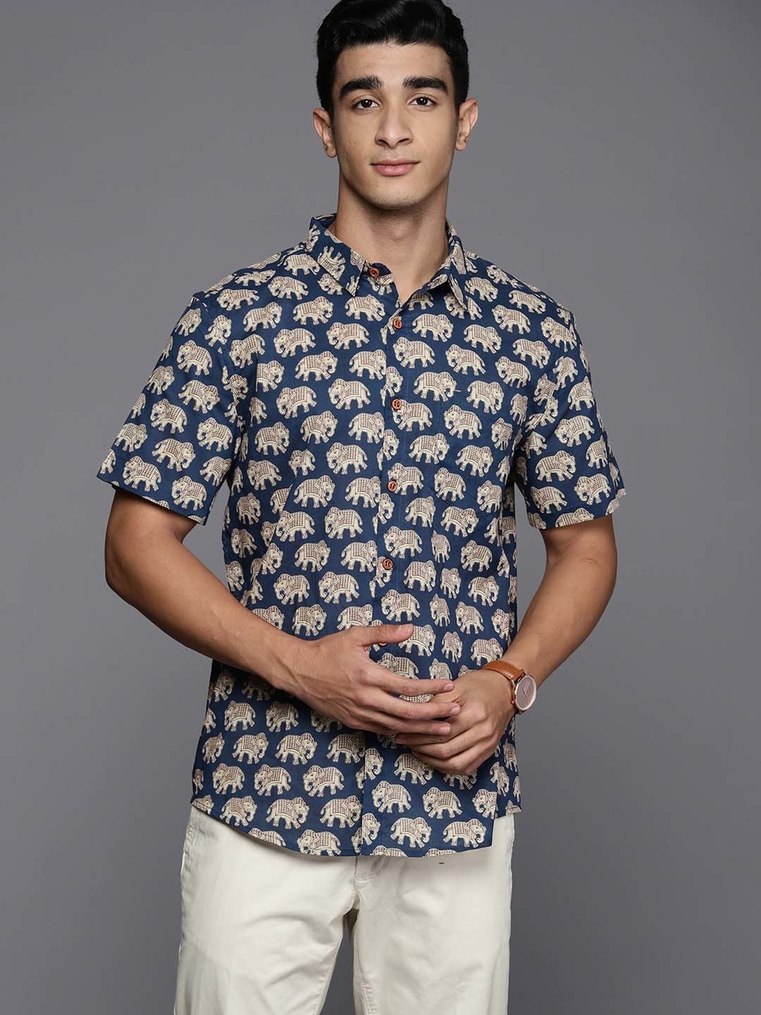 Indo Era Navy Regular Fit Printed Ethnic Shirt