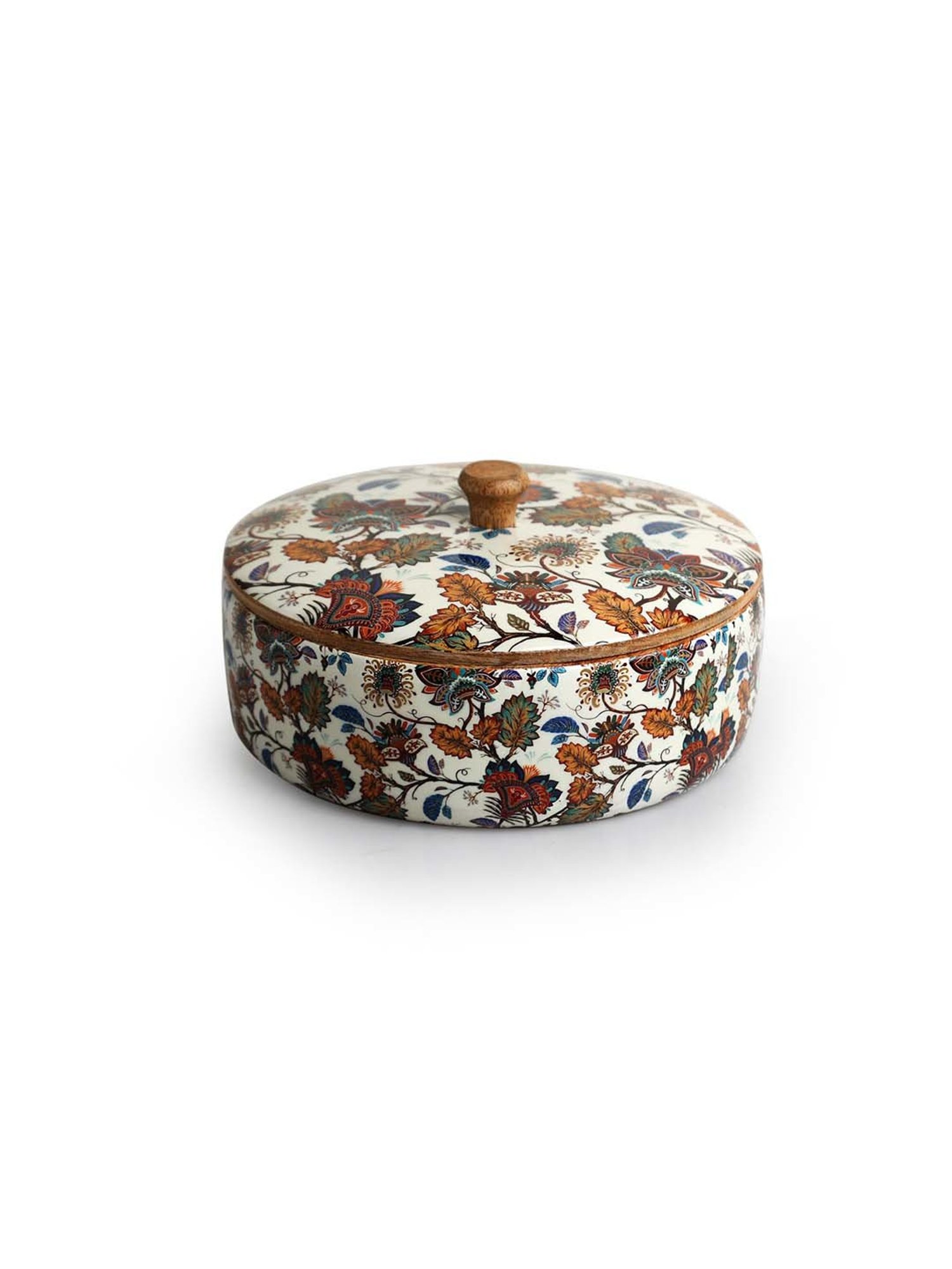 ExclusiveLane Mango Wood Floral Chronicles Hand-Enamelled Casserole Chapati Box With Lid (1.14 L)