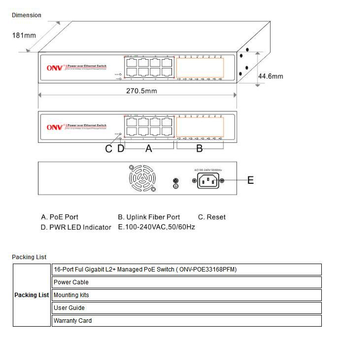 ONV-POE33168PFM 8*10/100/1000M PoE ports + 8*Gigabit SFP port IEEE802.3af/at standard POE Switch