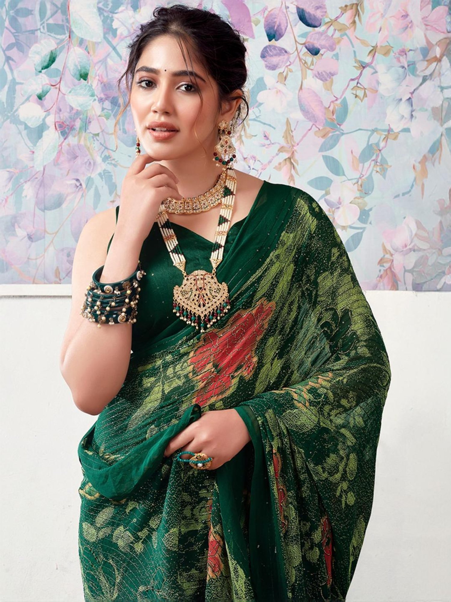 Satrani Green Floral Print Saree With Unstitched Blouse