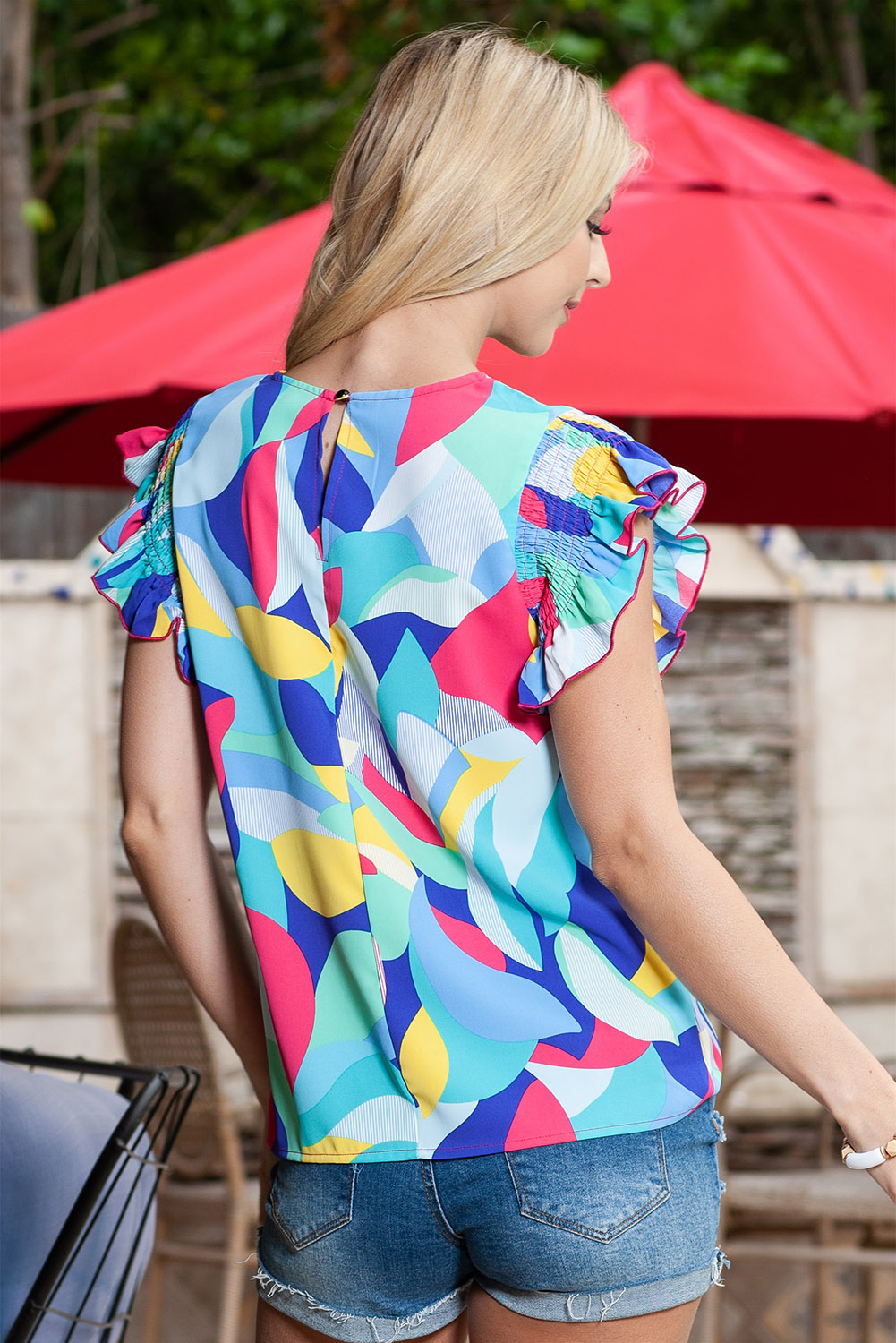 Multicolor Abstract Print Ruffle Sleeve Casual Blouse for Women