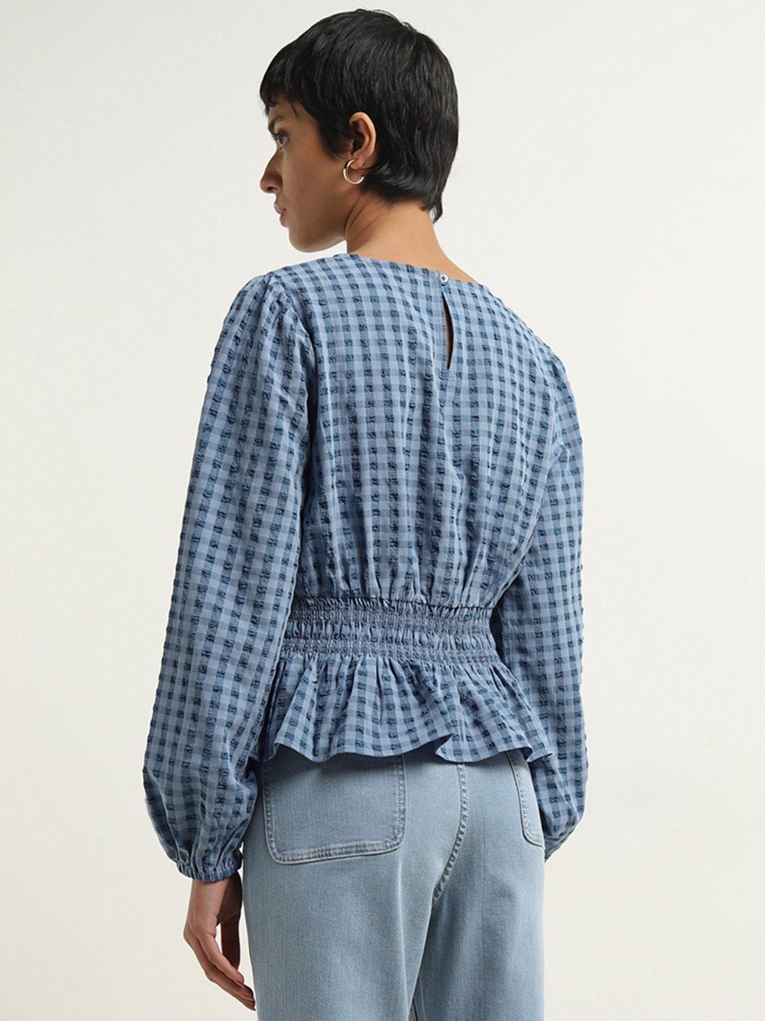 LOV by Westside Blue Gingham Checkered Peplum Top