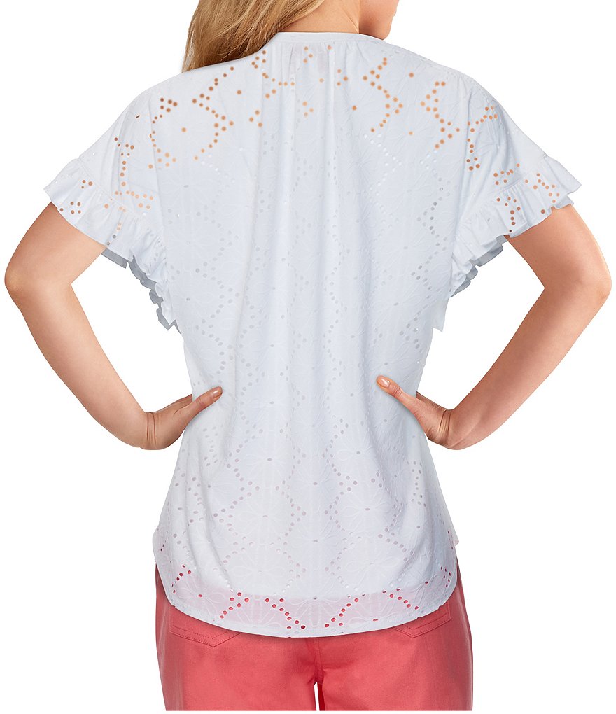 Ruby Rd. Petite Size Floral Eyelet Knit V-Neck Short Ruffle Sleeve Top