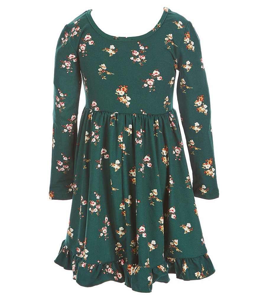 Zunie Little Girls 2T-6X Long-Sleeve Ditsy Printed Ruffled Hem Babydoll Dress