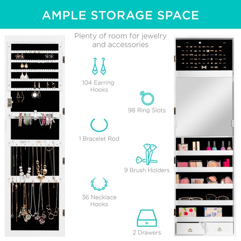 Best Choice Products Hanging Mirror Jewelry Armoire Cabinet for Door or Wall Mount w/ LED Lights, Cosmetics Tray, Lock