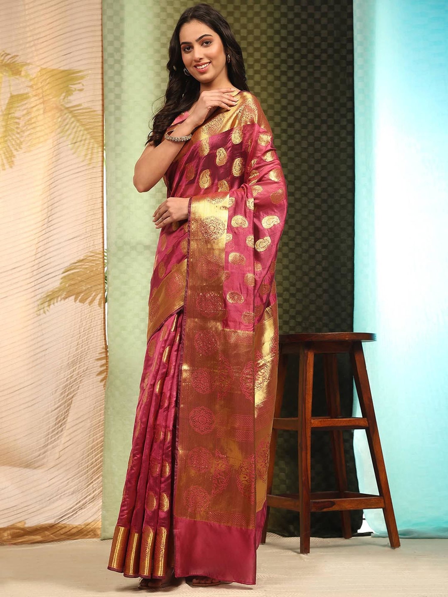 Silk Land Banarasi Silk Pink Woven Saree With Blouse