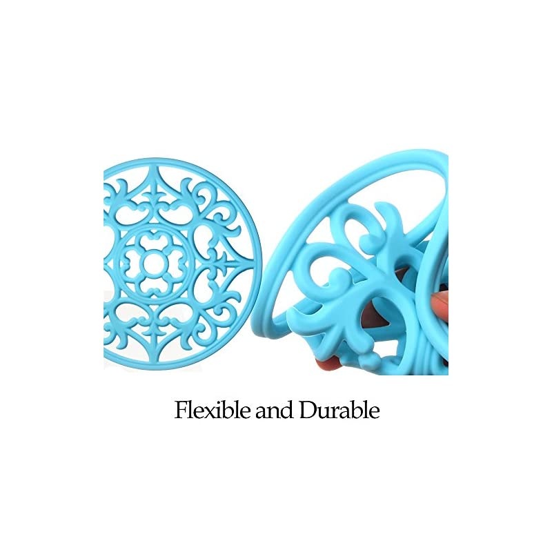 3 Set Silicone Multi-Use Intricately Carved Trivet Mat - Insulated Flexible Durable Non Slip Coasters (Blue)