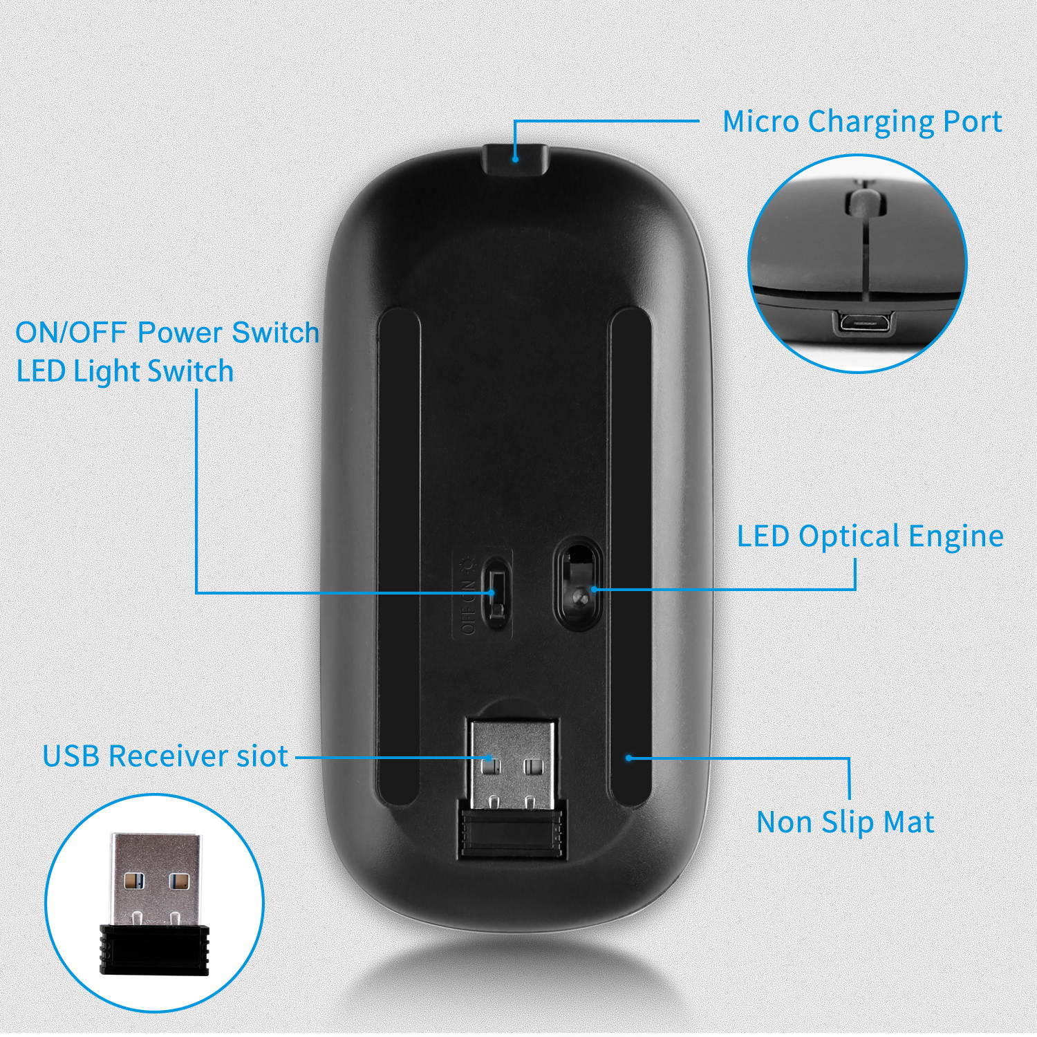 Donwell Slim Wireless EVA Mouse Silent USB Mice 2.4GHz Rechargeable RGB Light For PC Laptop MacBook Air 202 with Type-c USB Receiver/connector