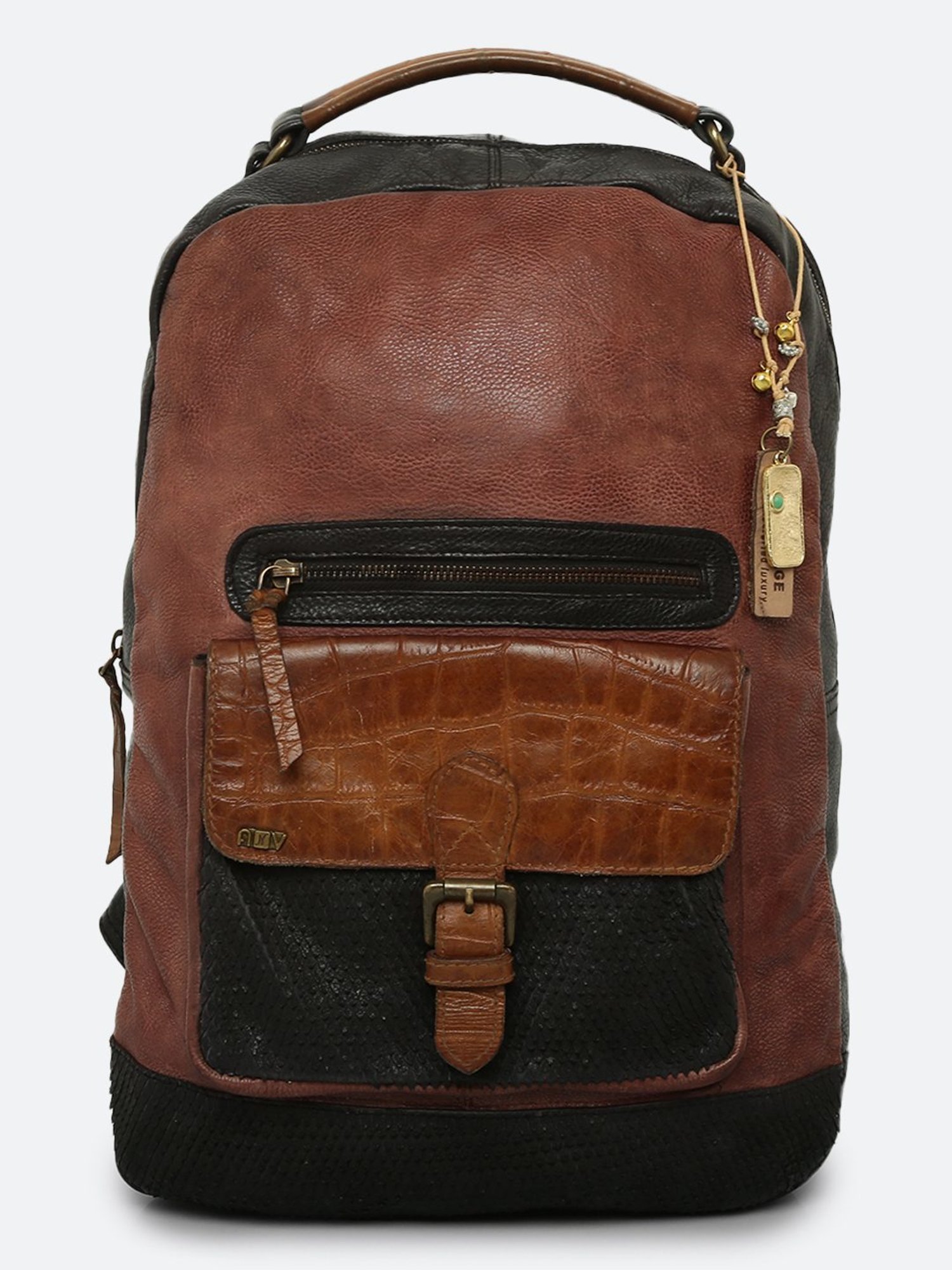 Art N Vintage Biker Black & Brown Leather Color Block Large Backpack