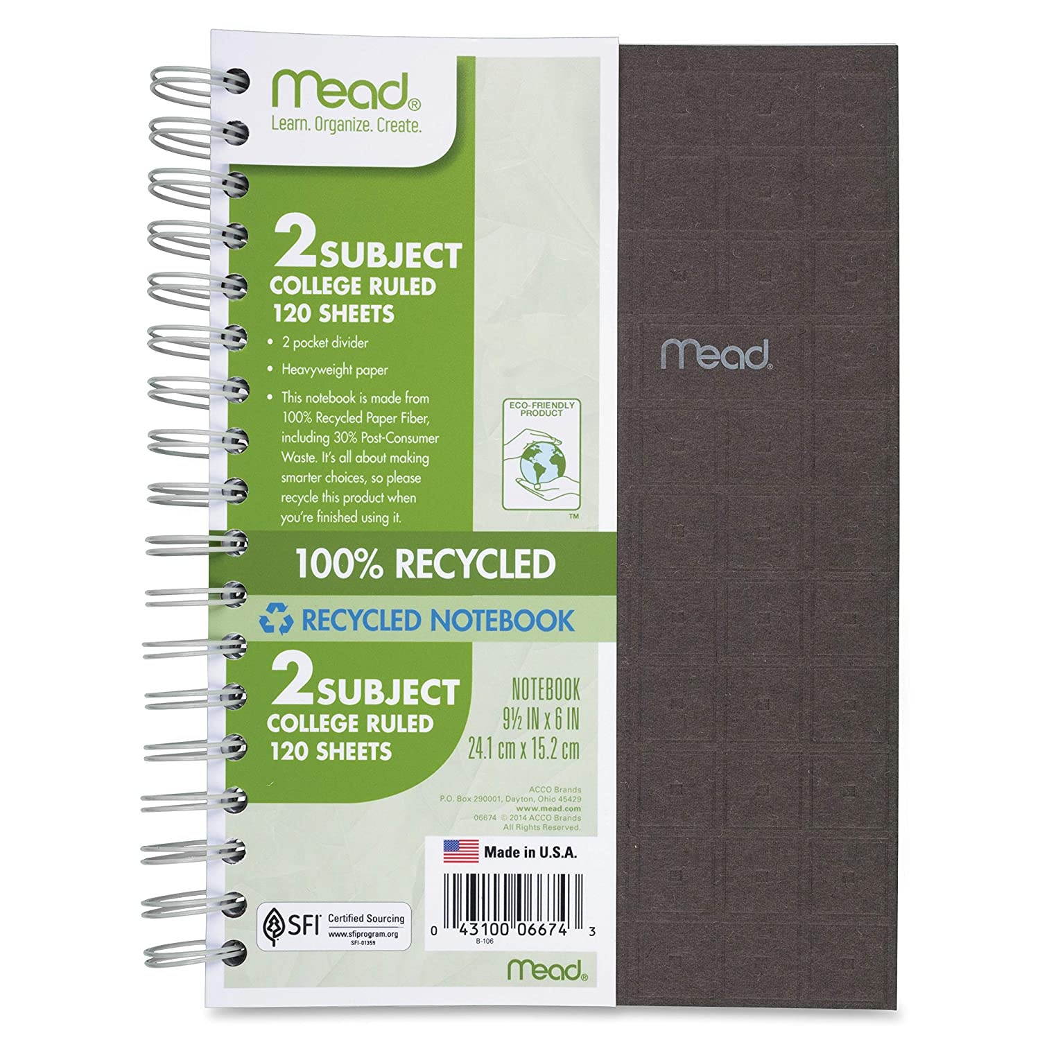 Mead Spiral Notebook, 2 Subject, College Ruled Paper, 120 Sheets, 9-1/2" x 6", Recycled, Assorted Colors, Color Selected For You, 1 Count (06674), White