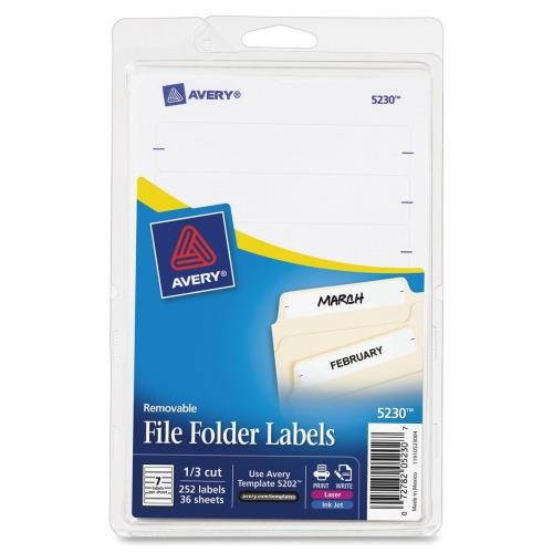 Avery Removable 1/3-Cut File Folder Labels Inkjet/Laser .66 x 3.44 White 252/PK