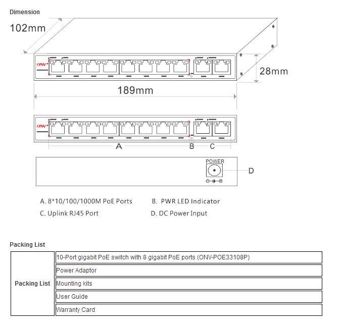 10-Port Gigabit PoE Switch with 8 Gigabit PoE Ports  automatic adjustment RJ45 ports Support PoE Standard IEEE 802.3af/at
