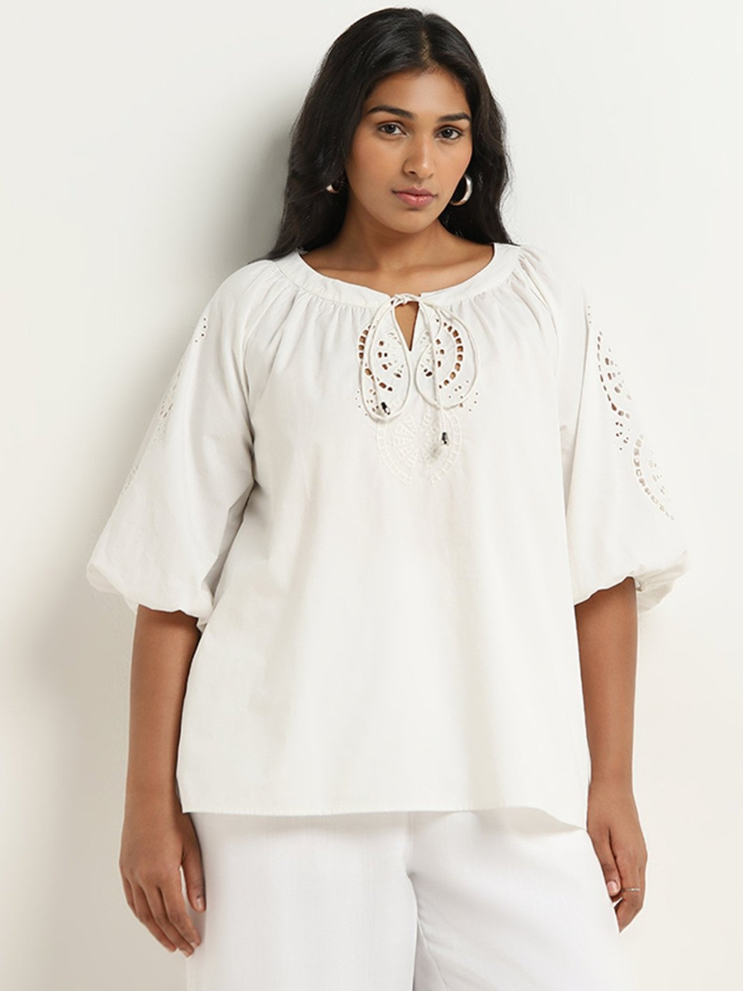 Gia by Westside White Cut-Out Detailed Cotton Blouse