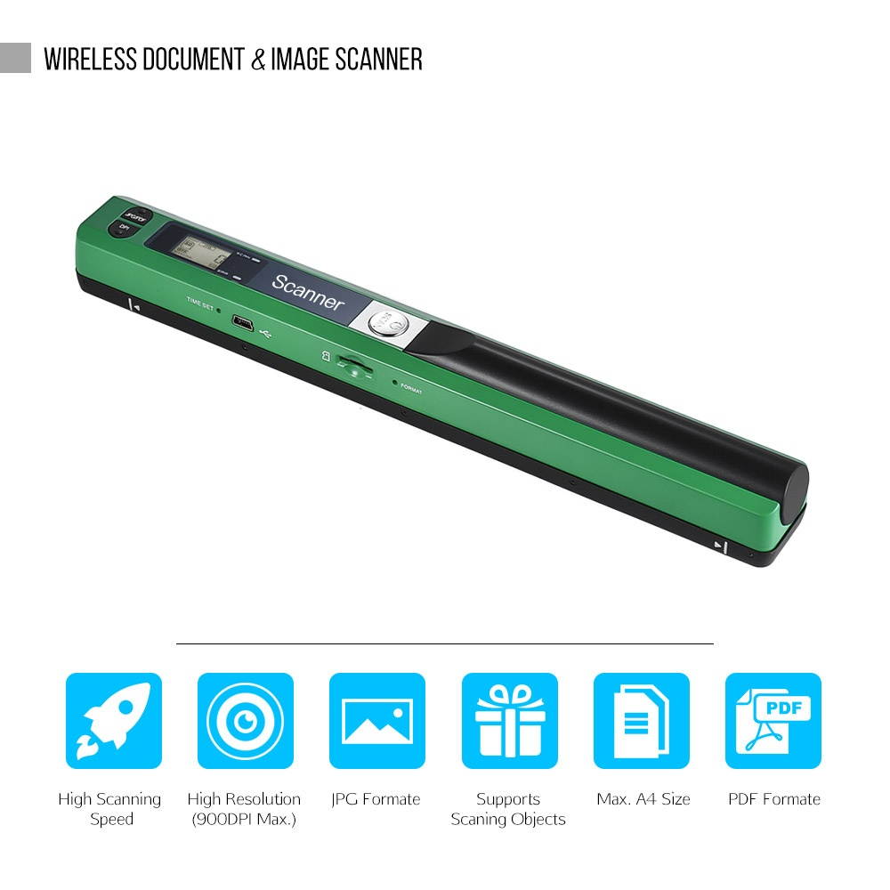 Portable Handheld Wand Wireless Scanner A4 Size 900DPI JPG/PDF Formate LCD Display with Protecting Bag and 8GB TF Card  for Business Document Reciepts Books Images