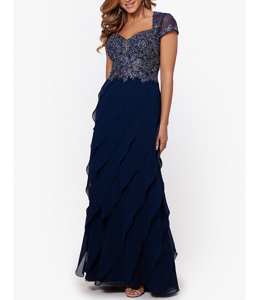 Xscape Embroidered Bodice Cap Sleeve Sweetheart Neck Tiered Gown