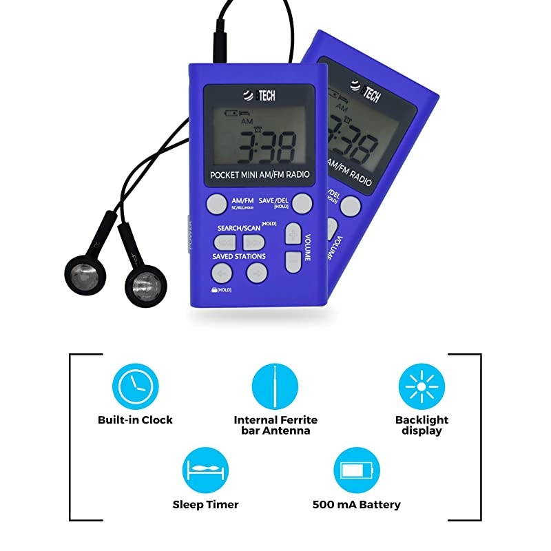 MPRAF1 AM FM Personal Radio with Two Types of Stereo Headphones Clock Great Reception and Long Battery Life Mini Pocket Walkman Radio with Headphones Blue