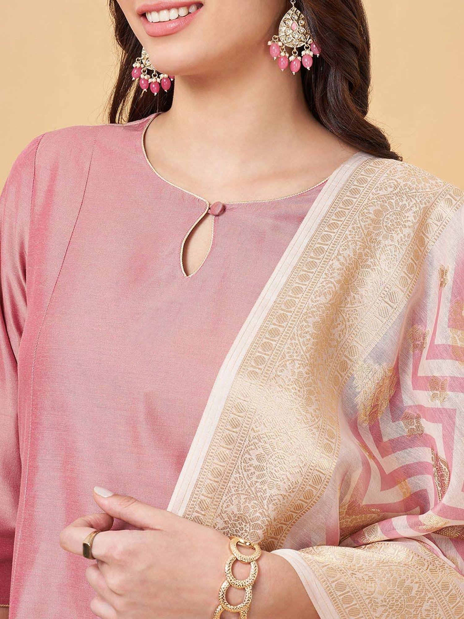 Rangmanch by Pantaloons Pink Plain Kurta Palazzo Set With Dupatta