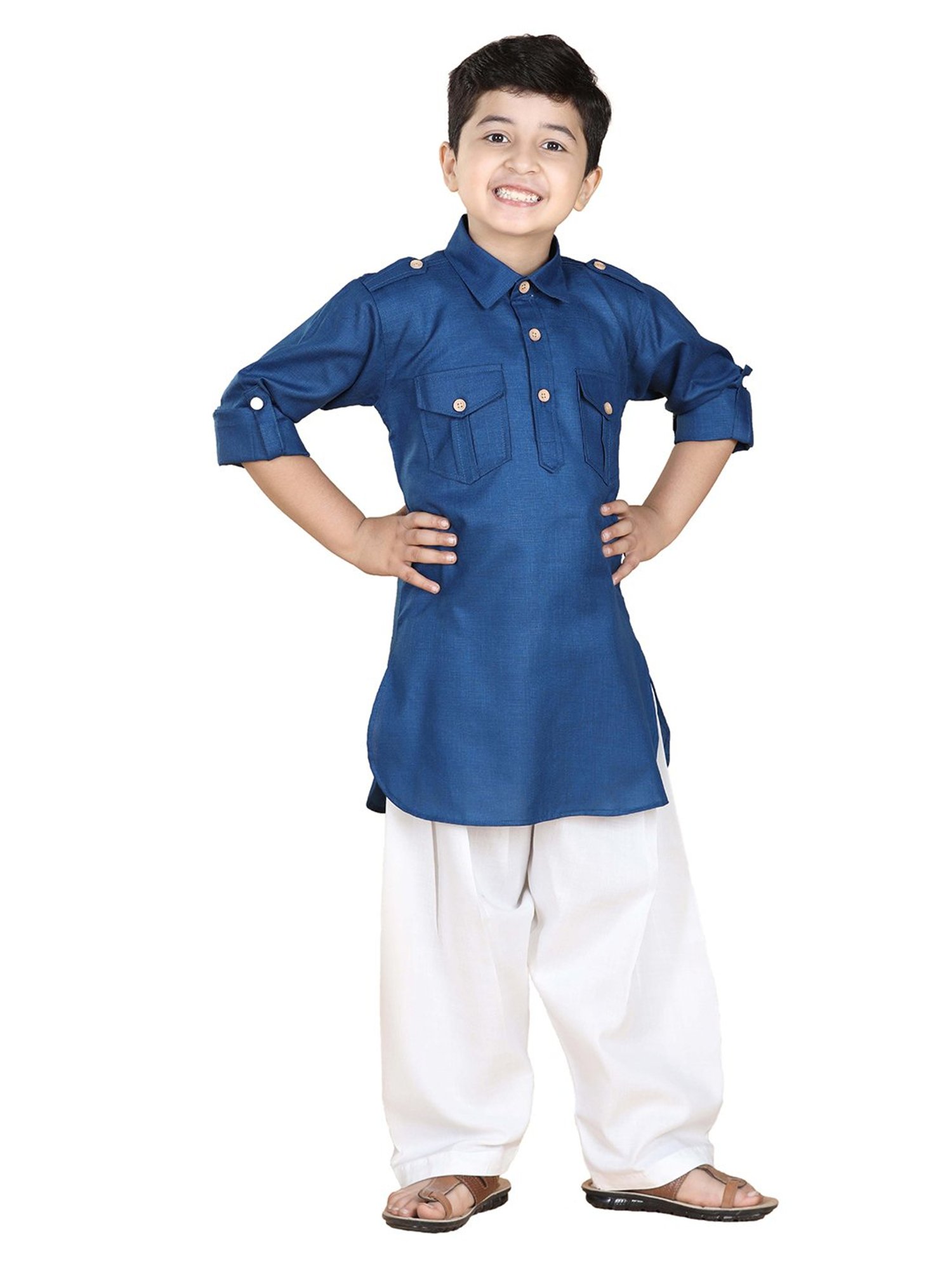 VASTRAMAY Boys Yellow & White Cotton Printed Full Sleeves Kurta Sets