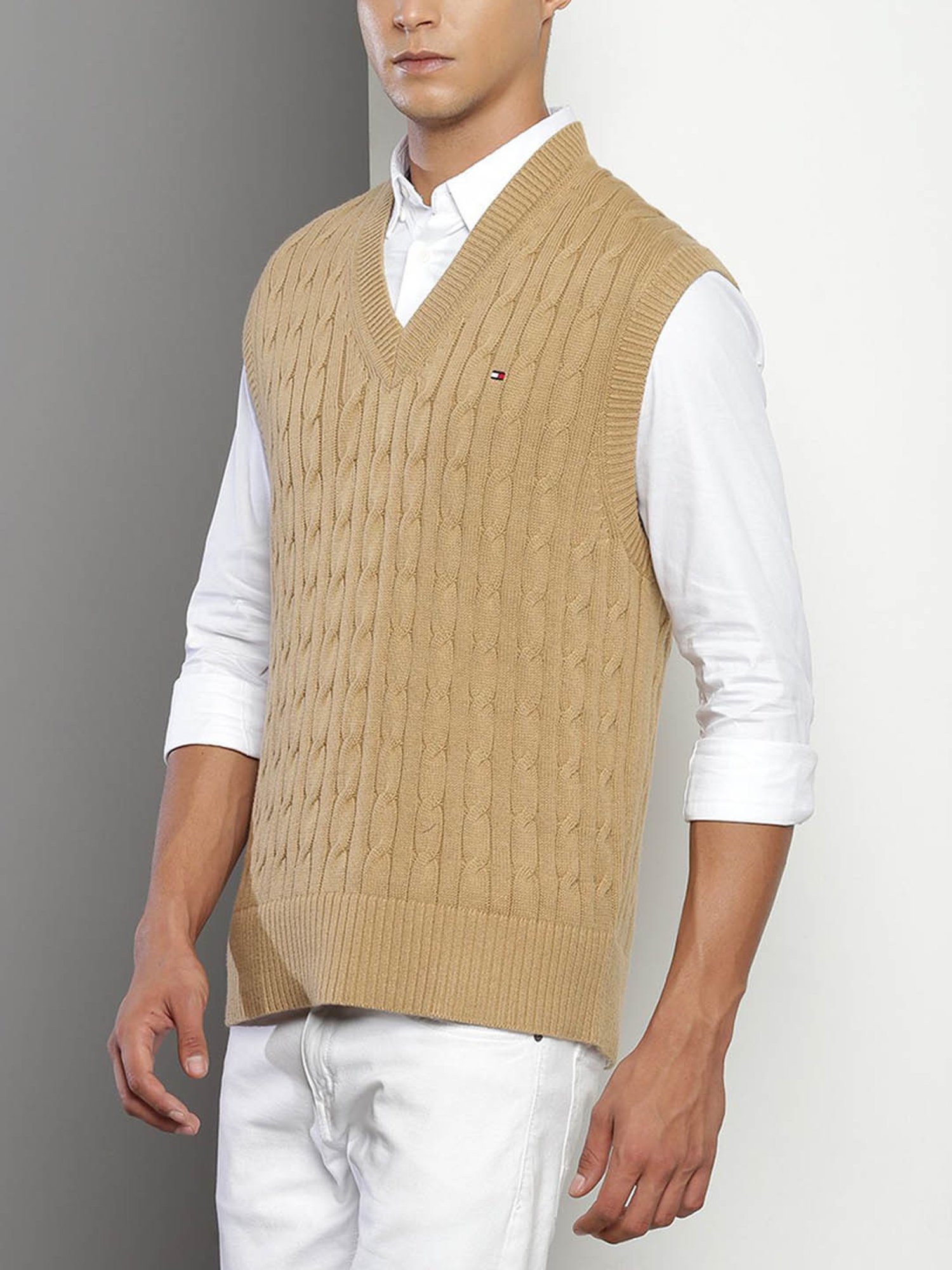 Tommy Hilfiger Khaki Cotton Relaxed Fit Self Pattern Sweater