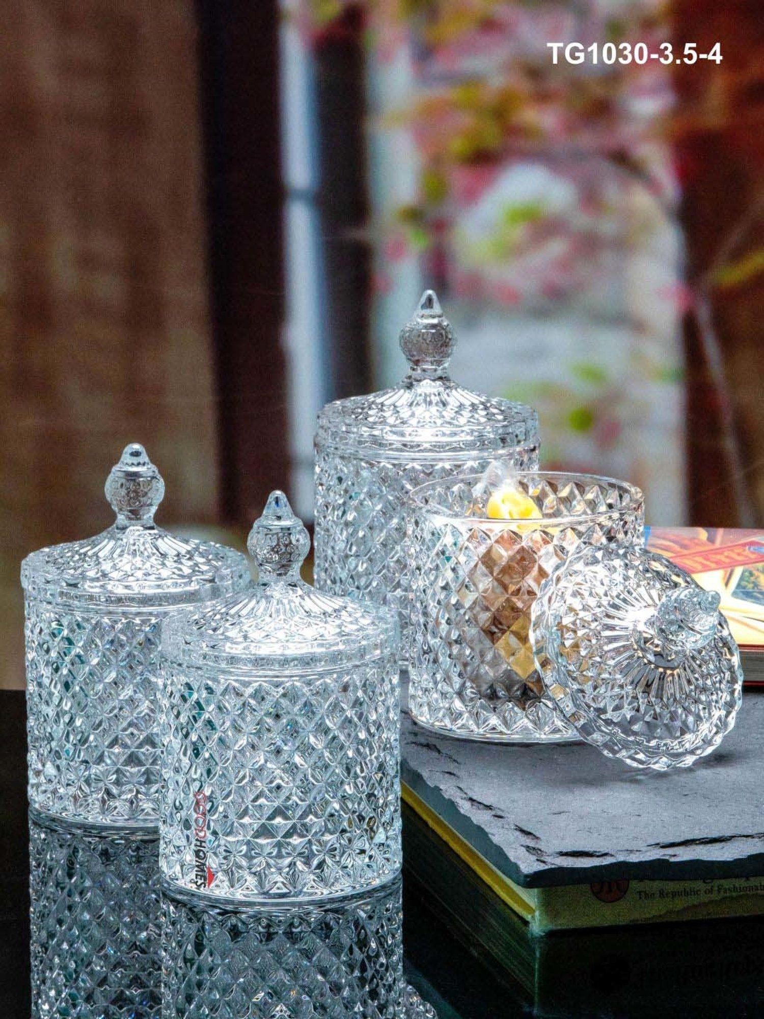 Goodhomes Transparent Glass Candy Jar with Lid (0.28 L) - Set of 4