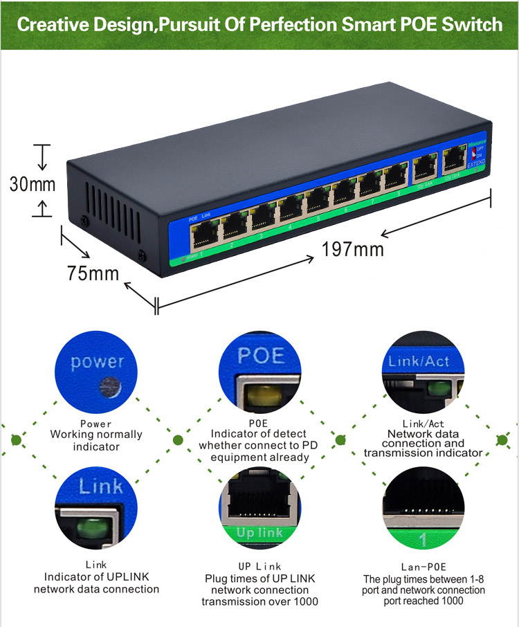 10 port poe switch 8 port power supply 250 meters transmission poe switch