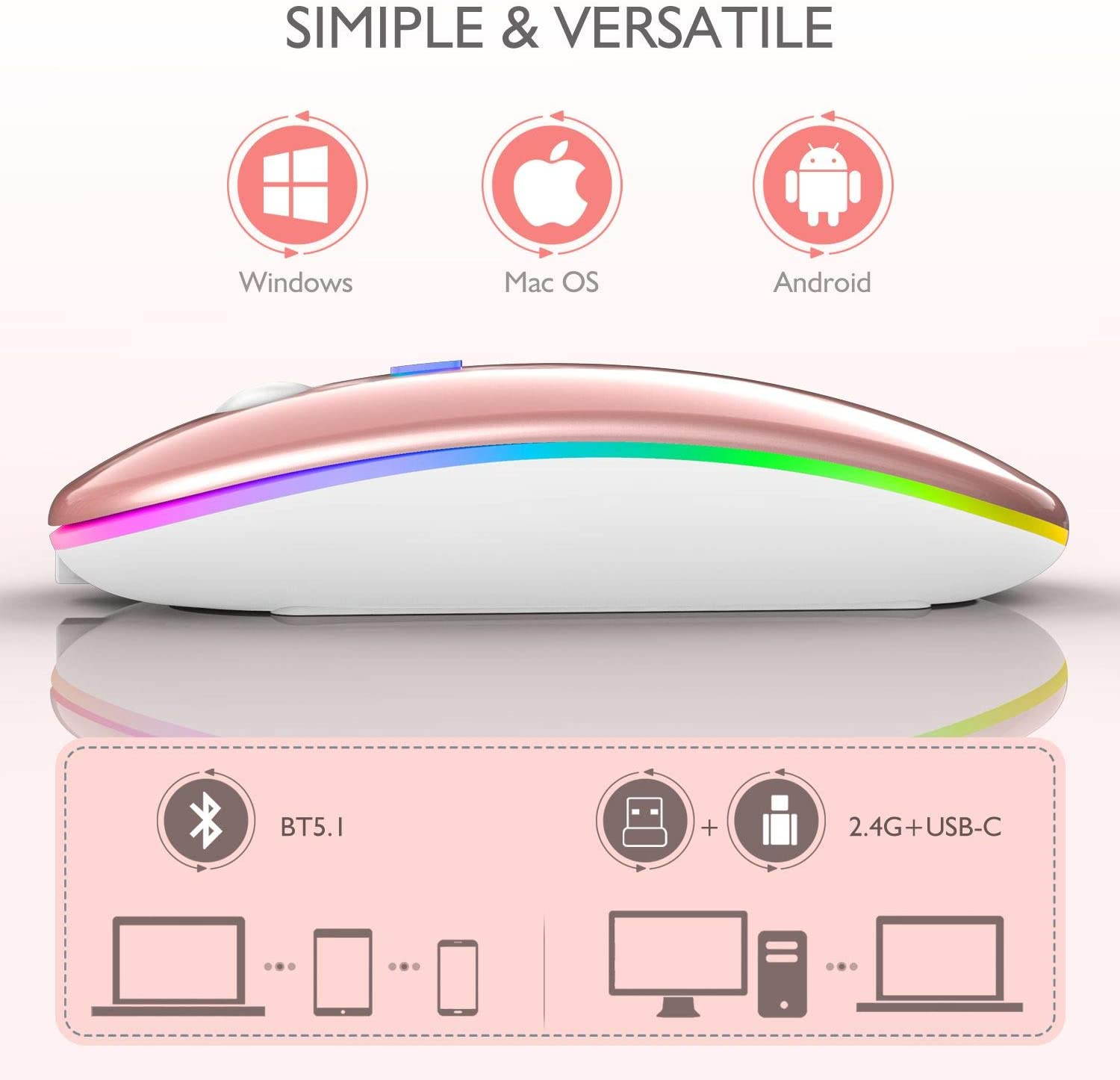 LED Bluetooth wireless mouse, MacBook Pro Bluetooth mouse, MacBook Air Bluetooth mouse, rechargeable wireless mouse, suitable for MacBook, laptop, Mac, ipad, iPad Pro (black)