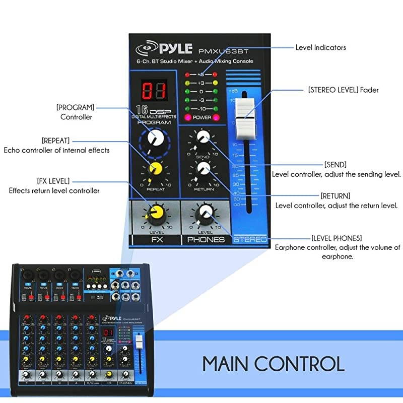 Professional Audio Mixer Sound Board Console Desk System Interface with 6 Channel USB Bluetooth Digital MP3 Computer Input 48V Phantom Power Stereo DJ Streaming FX16 Bit DSP PMXU63BT