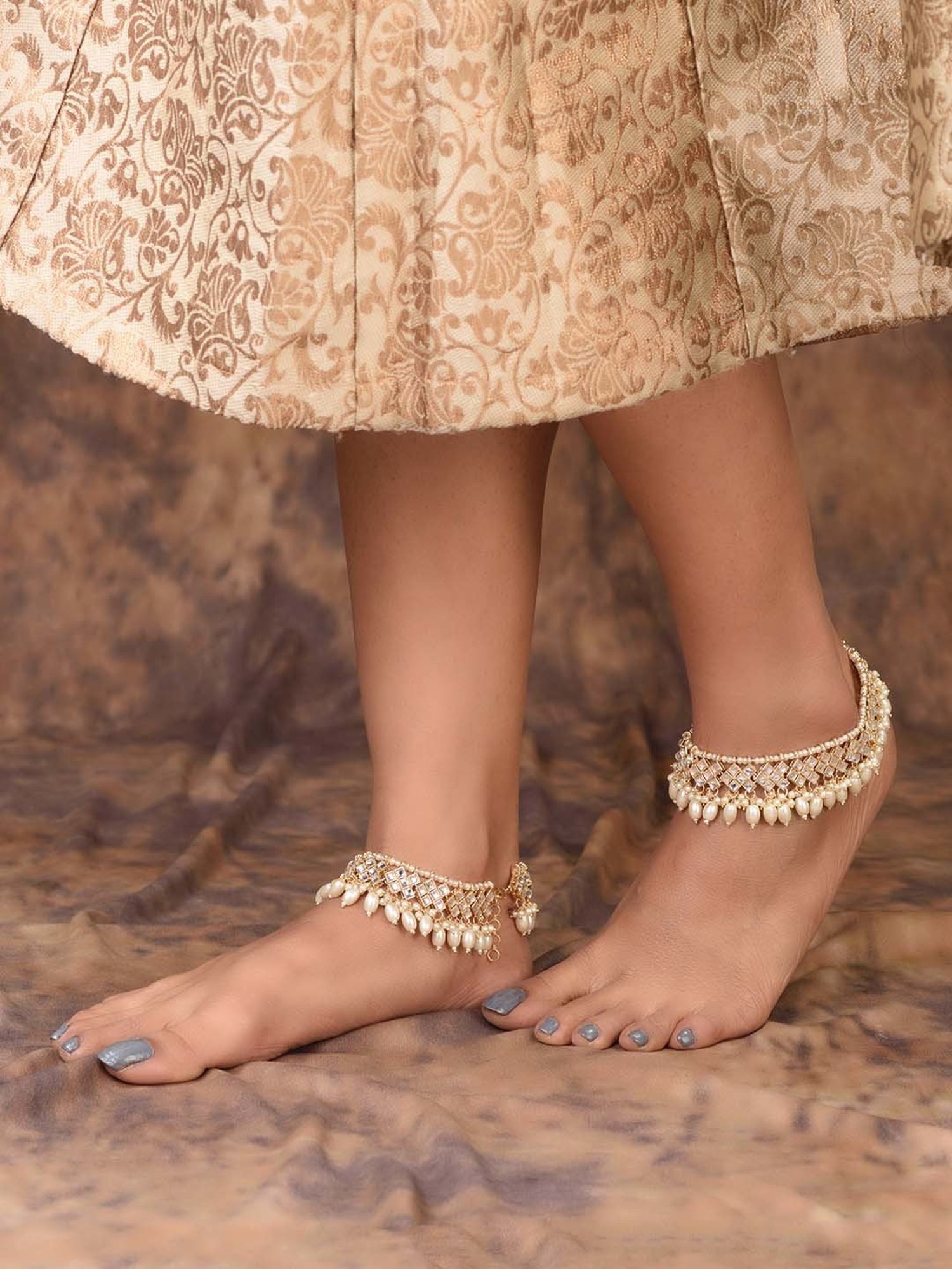 Saraf RS Jewellery Gold Toned Kundan-studded Pearl Beadded Ethnic Bridal Payal/Anklets - Set of 2