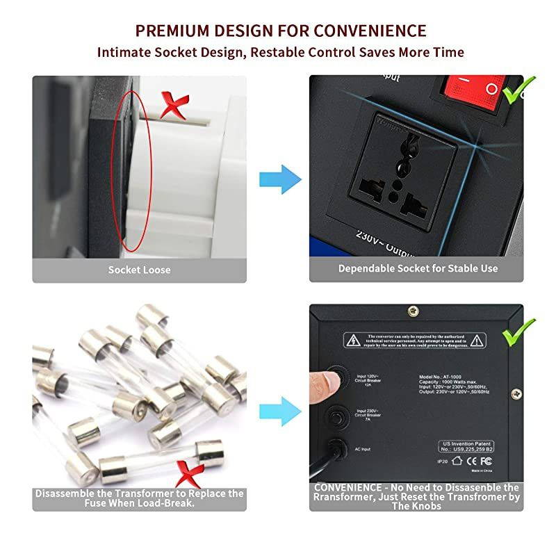 1000W Auto Step Up & Step Down Voltage Transformer Converter, 110-120 to 220-240 Volts, Soft Start & Full Load, 7x24hrs Continous Run, Circuit Breaker Protection, U.S. Patent No. US9225259 B2
