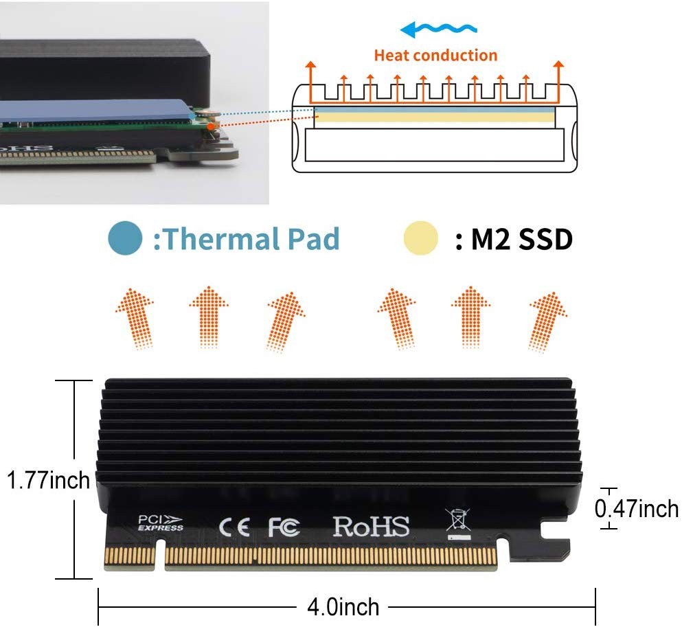 [Upgraded] NVME Adapter with Heat Sink, High Performance PCI Express 3.0 x4 to M.2 PCIe SSD (Key M) Card, Support PCIe x4 x8 x16 Slot