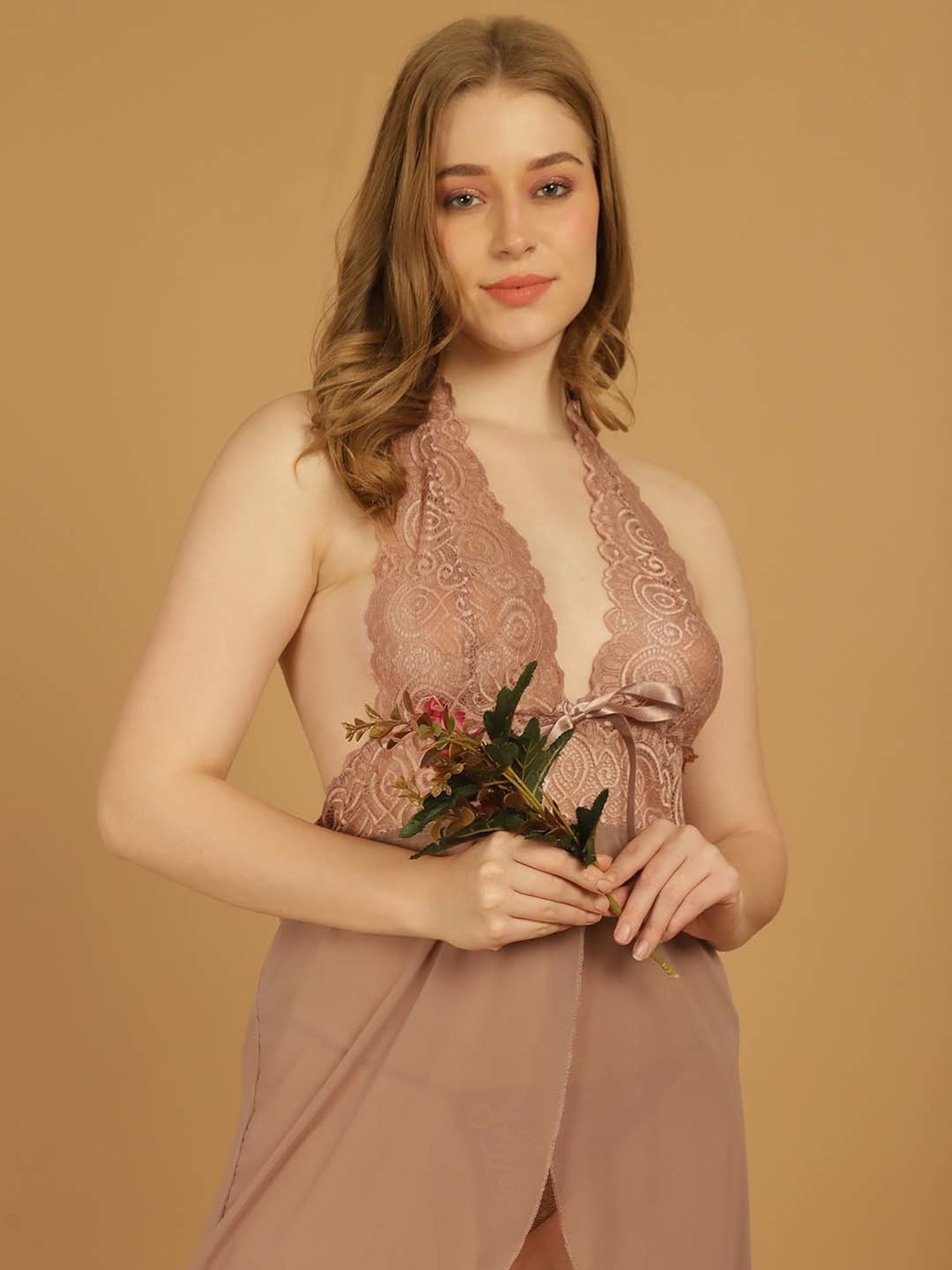 Stylee LIFESTYLE Beige Lace Work Babydoll With Brief