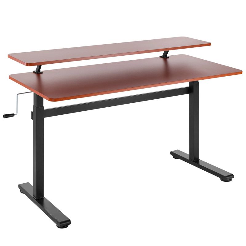 Tranzendesk Standing Desk with Clamp-On Shelf - 55" Sit to Stand Workstation with 55" Monitor Stand - Cherry - Stand Steady