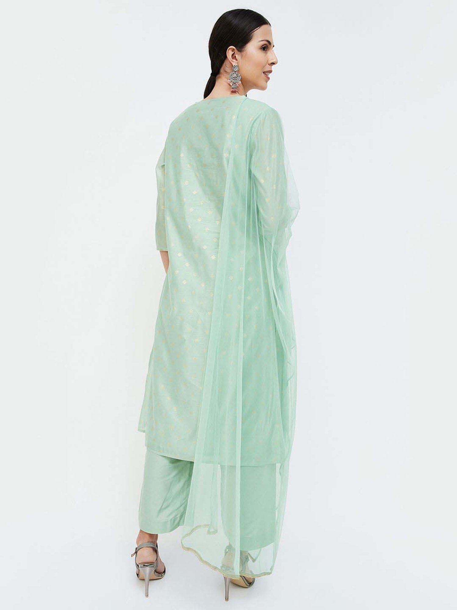 Melange by Lifestyle Sea Green Embroidered Kurta & Palazzo Set With Dupatta