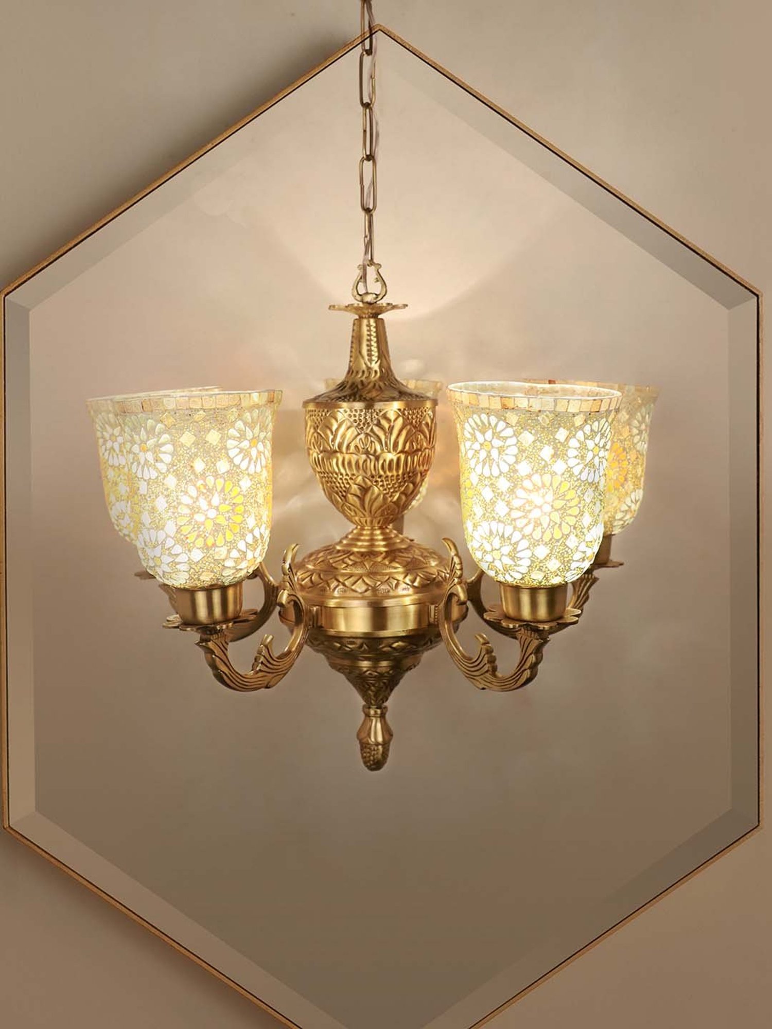 Fos Lighting Golden Priya 5 Light Brass Chandelier with Tilak Mosaic Glass Shades - Set of 1
