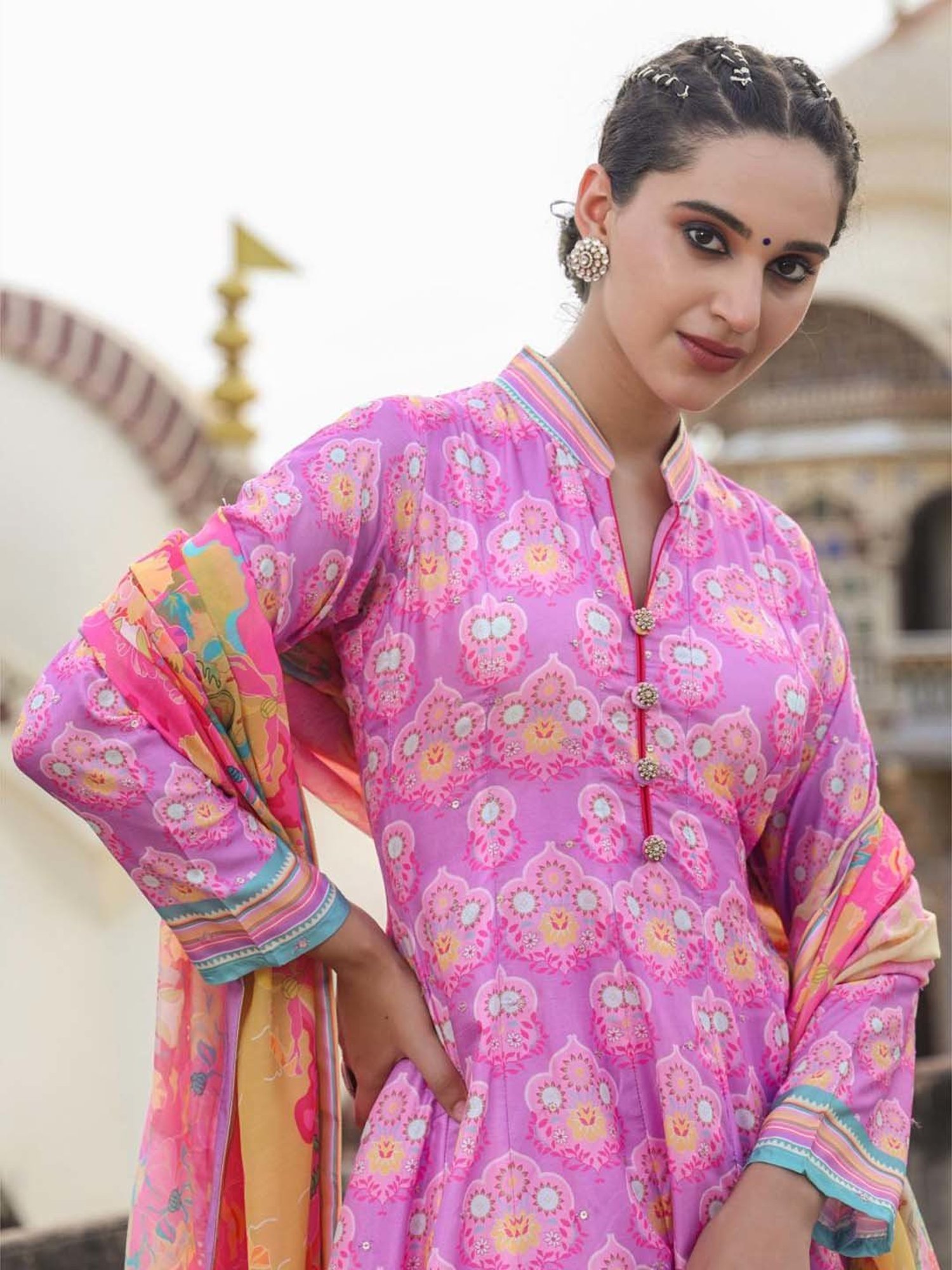 SCAKHI Purple Printed Maxi Dress With Dupatta